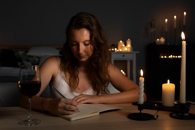 Ilustrasi perempuan yang sedang merefleksikan diri di malam hari/Foto: freepik.com/freepik Refleksikan dirimu di malam yang tenang dengan lampu yang redup atau hanya dengan cahaya lilin. /Foto: freepik.com/freepik