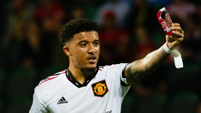 CHISINAU, MOLDOVA - SEPTEMBER 15: Jadon Sancho of Manchester United celebrates scoring their first goal during the UEFA Europa League group E match between Sheriff Tiraspol and Manchester United at Stadionul Zimbru on September 15, 2022 in Chisinau, Moldova. (Photo by Ash Donelon/Manchester United via Getty Images)