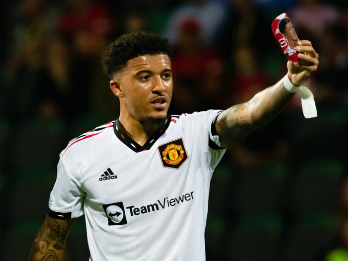 CHISINAU, MOLDOVA - SEPTEMBER 15: Jadon Sancho of Manchester United celebrates scoring their first goal during the UEFA Europa League group E match between Sheriff Tiraspol and Manchester United at Stadionul Zimbru on September 15, 2022 in Chisinau, Moldova. (Photo by Ash Donelon/Manchester United via Getty Images)