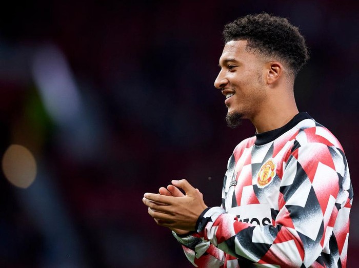Jadon Sancho Left Winger of Manchester United and England during the warm-up before prior the UEFA Europa League group E match between Manchester United and Real Sociedad at Old Trafford on September 8, 2022 in Manchester, United Kingdom. (Photo by Jose Breton/Pics Action/NurPhoto via Getty Images)
