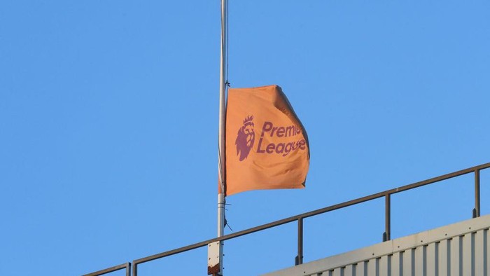 A Premier League flag is flown at half mast before the English Premier League football match between Aston Villa and Southampton at Villa Park in Birmingham, central England on September 16, 2022. - RESTRICTED TO EDITORIAL USE. No use with unauthorized audio, video, data, fixture lists, club/league logos or live services. Online in-match use limited to 120 images. An additional 40 images may be used in extra time. No video emulation. Social media in-match use limited to 120 images. An additional 40 images may be used in extra time. No use in betting publications, games or single club/league/player publications. (Photo by Geoff Caddick / AFP) / RESTRICTED TO EDITORIAL USE. No use with unauthorized audio, video, data, fixture lists, club/league logos or live services. Online in-match use limited to 120 images. An additional 40 images may be used in extra time. No video emulation. Social media in-match use limited to 120 images. An additional 40 images may be used in extra time. No use in betting publications, games or single club/league/player publications. / RESTRICTED TO EDITORIAL USE. No use with unauthorized audio, video, data, fixture lists, club/league logos or live services. Online in-match use limited to 120 images. An additional 40 images may be used in extra time. No video emulation. Social media in-match use limited to 120 images. An additional 40 images may be used in extra time. No use in betting publications, games or single club/league/player publications. (Photo by GEOFF CADDICK/AFP via Getty Images)