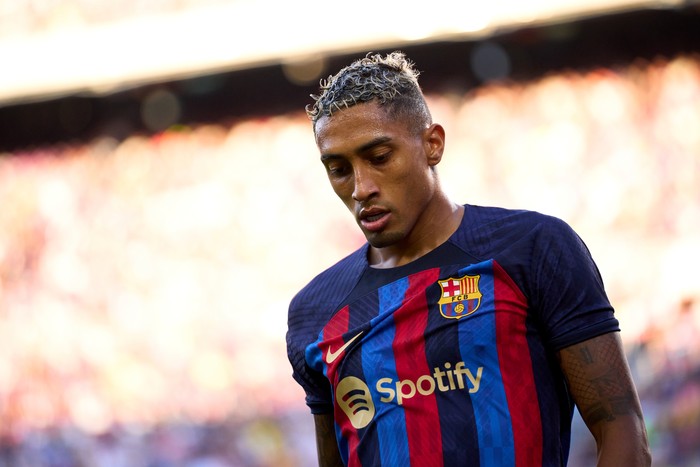 FC Barcelona v Real Valladolid CF - LaLiga Santander
BARCELONA, SPAIN - AUGUST 28: Raphinha of FC Barcelona looks on during the LaLiga Santander match between FC Barcelona and Real Valladolid CF at Spotify Camp Nou on August 28, 2022 in Barcelona, Spain. (Photo by Alex Caparros/Getty Images)
