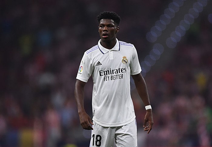 MADRID, SPAIN - SEPTEMBER 18: Aurelien Tchouameni of Real Madrid looks on during the LaLiga Santander match between Atletico de Madrid and Real Madrid CF at Civitas Metropolitano Stadium on September 18, 2022 in Madrid, Spain. (Photo by Denis Doyle/Getty Images)
