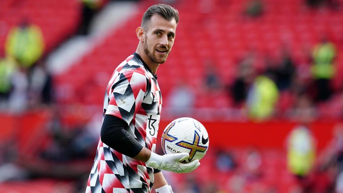 Manchester United goalkeeper Martin Dubravka warming up before the Premier League match at Old Trafford, Manchester. Picture date: Sunday September 4, 2022. (Photo by Martin Rickett/PA Images via Getty Images)