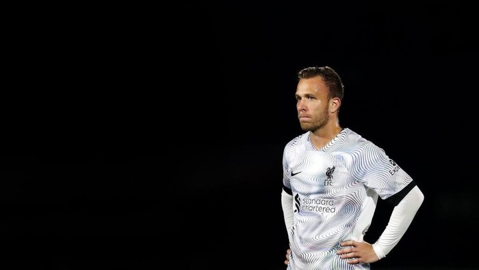ROCHDALE, ENGLAND - SEPTEMBER 20: Arthur Melo of Liverpool looks on during the Papa Johns Trophy match between Rochdale and Liverpool at Crown Oil Arena on September 20, 2022 in Rochdale, England. (Photo by Lewis Storey/Getty Images)