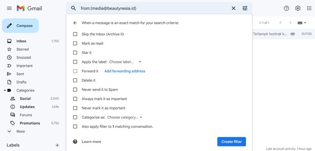 Fitur filter spam di Gmail/Foto: Gmail cara mencegah email penting masuk spam