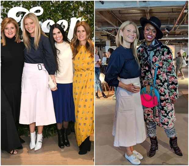 Gwyneth Paltrow mengenakan blus hitam dan rok blush pink