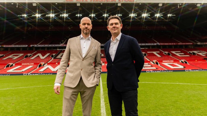 MANCHESTER, ENGLAND - MAY 23: Manager Erik ten Hag of Manchester United poses with Football Director John Murtough at Old Trafford on May 23, 2022 in Manchester, England. (Photo by Ash Donelon/Manchester United via Getty Images)