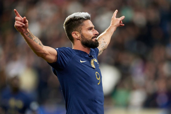 Olivier Giroud PARIS, FRANCE - SEPTEMBER 22: Olivier Giroud of France celebrates after scoring their side's second goal during the UEFA Nations League League A Group 1 match between France and Austria at Stade de France on September 22, 2022 in Paris, France. (Photo by Quality Sport Images/Getty Images)