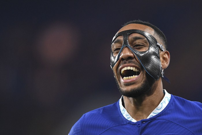 LONDON, ENGLAND - SEPTEMBER 14: Pierre-Emerick Aubameyang of Chelsea laughs during the UEFA Champions League group E match between Chelsea FC and FC Salzburg at Stamford Bridge on September 14, 2022 in London, United Kingdom. (Photo by Vincent Mignott/DeFodi Images via Getty Images)