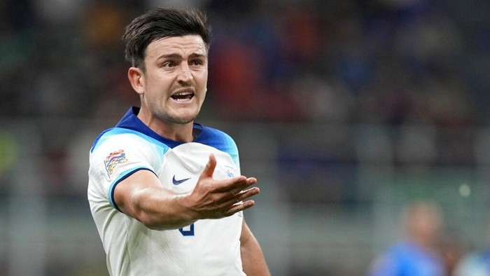 Englands Harry Maguire reacts during the UEFA Nations League soccer match between Italy and England at the San Siro stadium, in Milan, Italy, Friday, Sept. 23, 2022. (AP Photo/Antonio Calanni)