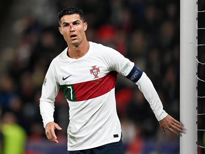PRAGUE, CZECH REPUBLIC - SEPTEMBER 24: Cristiano Ronaldo of Portugal, who has a cut on their nose, looks on during the UEFA Nations League League A Group 2 match between Czech Republic and Portugal at Fortuna Arena on September 24, 2022 in Prague, Czech Republic. (Photo by Thomas Eisenhuth/Getty Images)