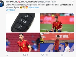 Meme ini menyebut isi kantong Granit Xhaka ada kunci mobil, Gavi, Sergio Busquets, dan Pedri. (Foto: Twitter)
