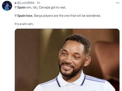 Fans Real Madrid santai saja Timnas Spanyol kalah, sebab yang jadi sasaran olok-olok adalah penggawa-penggawa Barcelona. Ya, ampun! (Foto: Twitter)