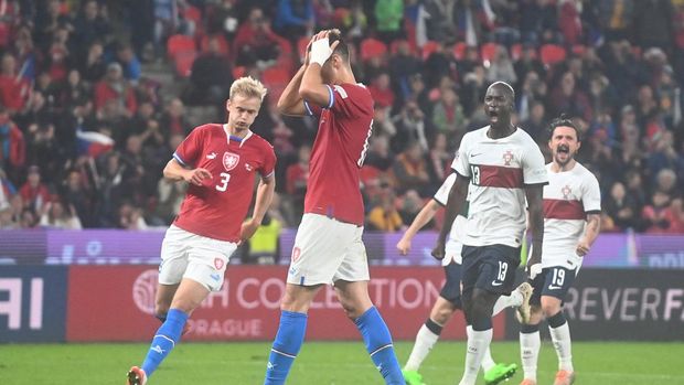 Czech Republic's forward Patrick Schick reacts during the UEFA Nations League, league A group 2 football match between Czech Republic and Portugal at the Fortuna Arena in Prague, Czech Republic, on September 24, 2022. (Photo by Michal Cizek / AFP) (Photo by MICHAL CIZEK/AFP via Getty Images)