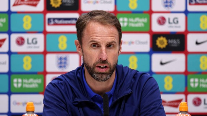 ENFIELD, ENGLAND - SEPTEMBER 25: England Manager Gareth Southgate speaks during a press conference following a training session at Tottenham Hotspur Training Centre on September 25, 2022 in Enfield, England. England will play their Nations League Group C match against Germany on September 26, 2022. (Photo by Alex Morton/Getty Images)