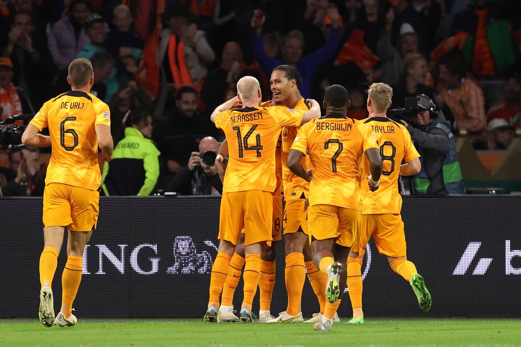 AMSTERDAM, NETHERLANDS - SEPTEMBER 25: Virgil van Dijk of Netherlands celebrates after scoring a goal to make it 1-0 during the UEFA Nations League League A Group 4 match between Netherlands and Belgium at Johan Cruijff Arena on September 25, 2022 in Amsterdam, Netherlands. (Photo by James Williamson - AMA/Getty Images)
