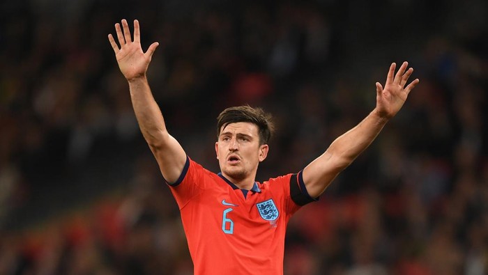 LONDON, ENGLAND - SEPTEMBER 26: Harry Maguire of England reacts during the UEFA Nations League League A Group 3 match between England and Germany at Wembley Stadium on September 26, 2022 in London, England. (Photo by Harriet Lander/Copa/Getty Images)