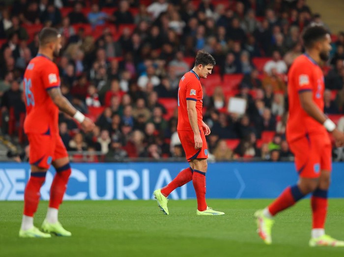 LONDON, ENGLAND - SEPTEMBER 26: Harry Maguire of England looks dejected during the UEFA Nations League League A Group 3 match between England and Germany at Wembley Stadium on September 26, 2022 in London, England. (Photo by James Gill - Danehouse/Getty Images)