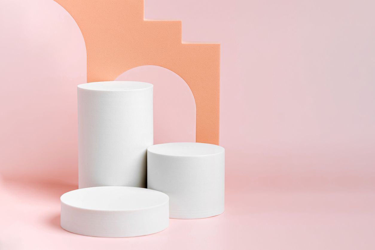 Cylinder podium with stairs and arch. Abstract background with various geometric shapes in pastel color for product presentation. Podium to show cosmetic products.