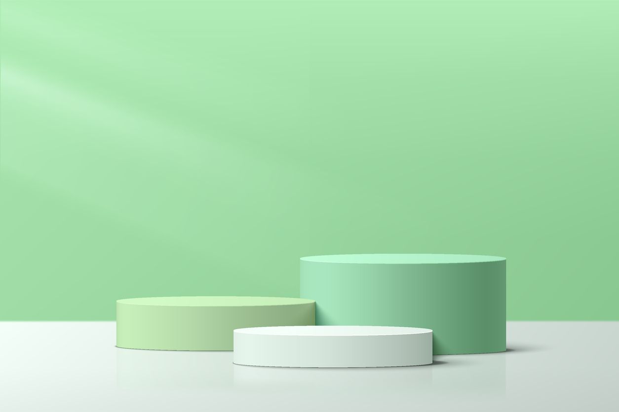 Abstract realistic 3D white and green-blue steps cylinder pedestal podium set with pastel minimal wall scene for cosmetic product display presentation. Vector geometric rendering platform design.