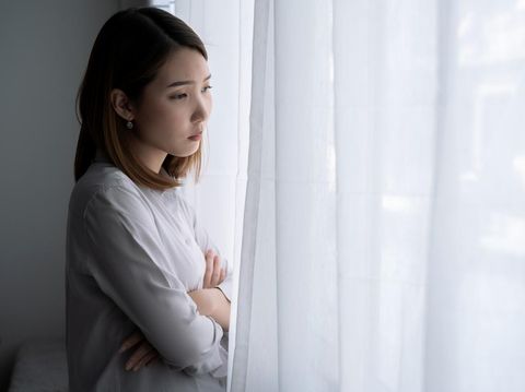 Asian woman with stress, She kept herself alone in her bedroom, Depression.