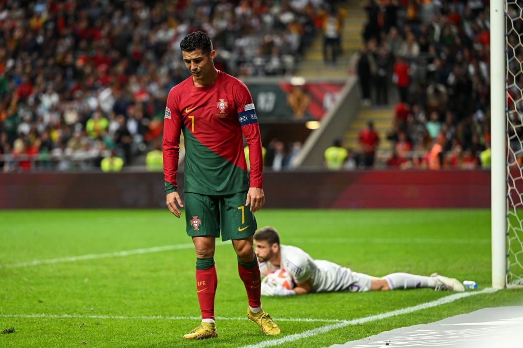 BRAGA, PORTUGAL - SEPTEMBER 27: Cristiano Ronaldo of Portugal reacts during the UEFA Nations League League A Group 2 match between Portugal and Spain at Estadio Municipal de Braga on September 27, 2022 in Braga, Portugal. (Photo by Octavio Passos/Getty Images)