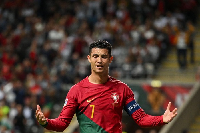 BRAGA, PORTUGAL - SEPTEMBER 27: Cristiano Ronaldo of Portugal reacts during the UEFA Nations League League A Group 2 match between Portugal and Spain at Estadio Municipal de Braga on September 27, 2022 in Braga, Portugal. (Photo by Octavio Passos/Getty Images)