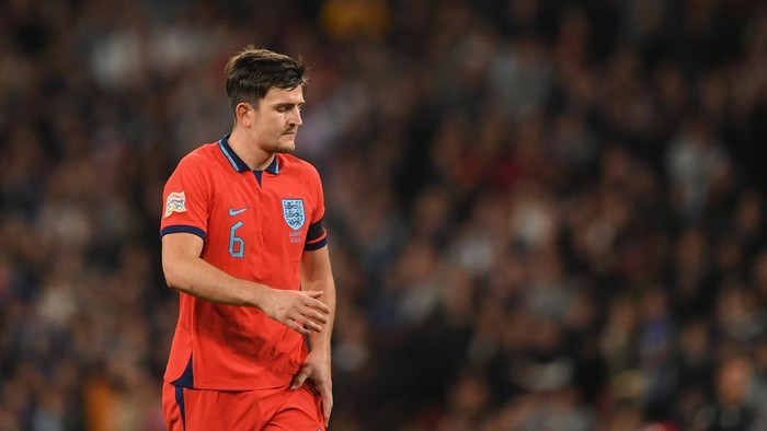 LONDON, ENGLAND - SEPTEMBER 26: Harry Maguire of England looks dejected during the UEFA Nations League League A Group 3 match between England and Germany at Wembley Stadium on September 26, 2022 in London, England. (Photo by Harriet Lander/Copa/Getty Images)