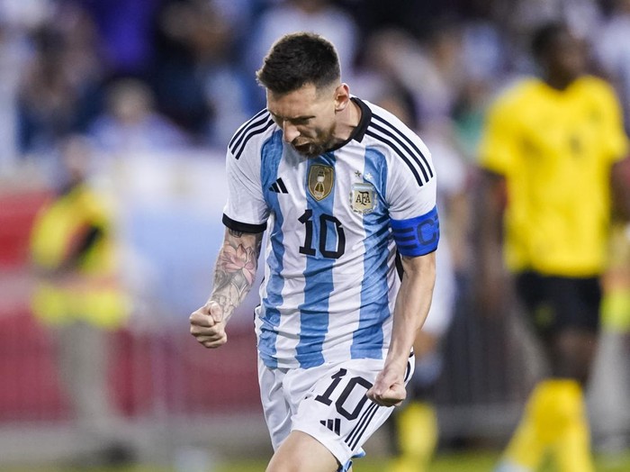Argentina's player Lionel Messi celebrates his goal during the second half of an international friendly soccer match against Jamaica on Tuesday, Sept. 27, 2022, in Harrison, N.J. (AP Photo/Eduardo Munoz Alvarez)