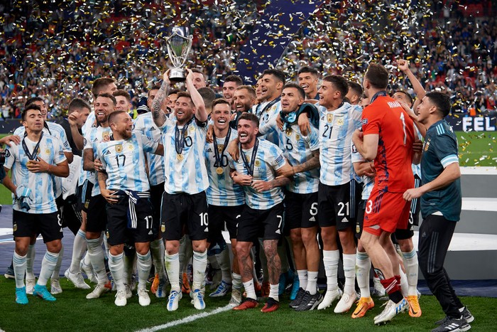 HARRISON, NEW JERSEY - SEPTEMBER 27:  Lionel Messi #10 of Argentina celebrates his goal in the second half against Jamaica at Red Bull Arena on September 27, 2022 in Harrison, New Jersey. Argentina defeated Jamaica 3-0. (Photo by Elsa/Getty Images)