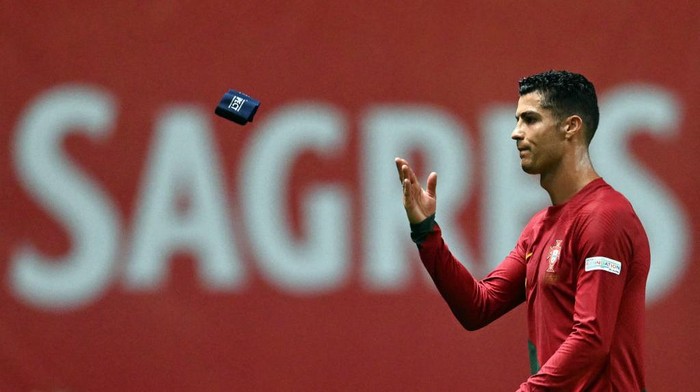 Portugal's forward Cristiano Ronaldo reacts during the UEFA Nations League, league A, group 2 football match between Portugal and Spain, at the Municipal Stadium in Braga on September 27, 2022. - Spain won 0-1. (Photo by PATRICIA DE MELO MOREIRA / AFP) (Photo by PATRICIA DE MELO MOREIRA/AFP via Getty Images)