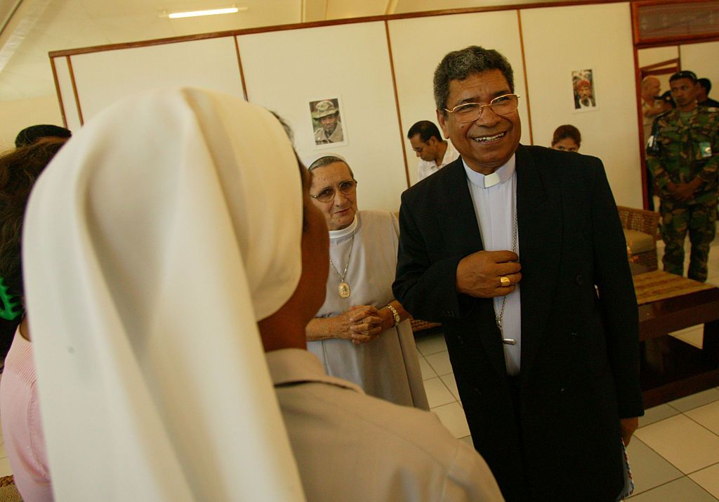 (AUSTRALIA OUT) Bishop Carlos Filipe Ximenes Belo attends a press conference in the East Timorese capital, Dili, before returning to Mozambique, 28 October 2006. SMH Picture by GLENN CAMPBELL (Photo by Fairfax Media via Getty Images/Fairfax Media via Getty Images via Getty Images)