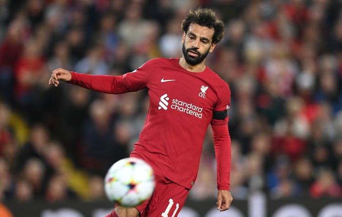 LIVERPOOL, ENGLAND - SEPTEMBER 13: Liverpool forward Mohammed Salah in action during the UEFA Champions League group A match between Liverpool FC and AFC Ajax at Anfield on September 13, 2022 in Liverpool, England. (Photo by Stu Forster/Getty Images)