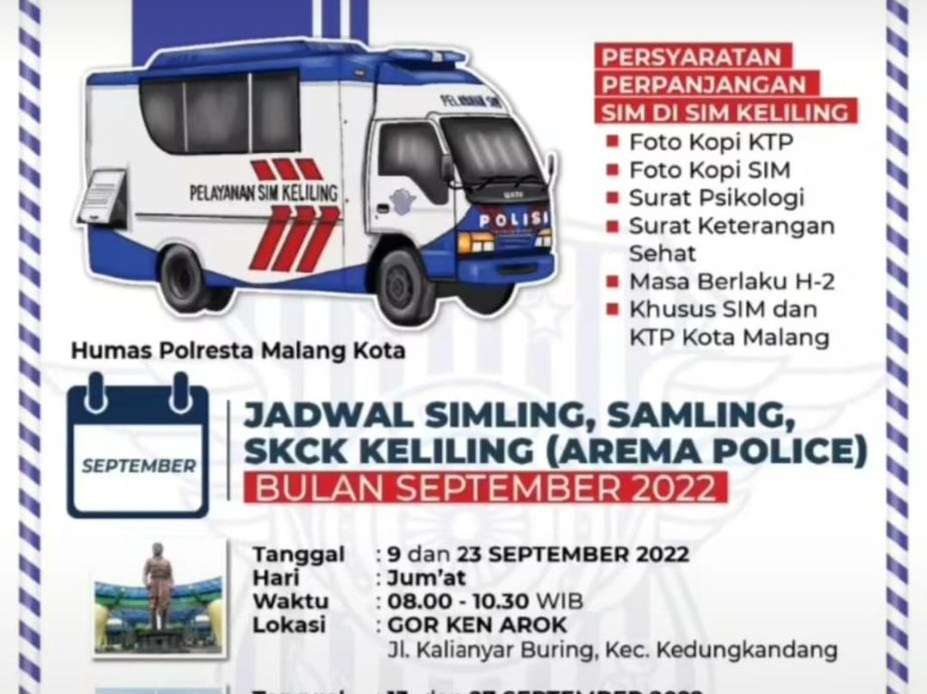 Jadwal SIM Keliling Kota Malang Jumat 30 September