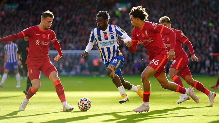 Brighton and Hove Albions Yves Bissouma runs at Liverpools Jordan Henderson during the Premier League match at Anfield, Liverpool. Picture date: Saturday October 30, 2021. (Photo by Nick Potts/PA Images via Getty Images)