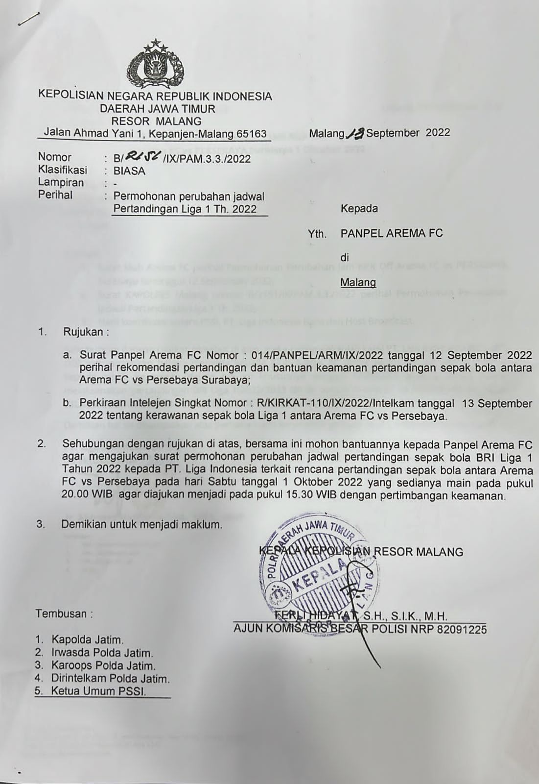 Surat Polres Malang soal percepat laga Arema vs Persebaya (dok. istimewa).