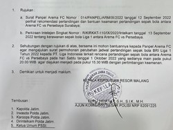 Bukti Surat Polres Malang Minta Panitia Percepat Laga Arema vs Persebaya