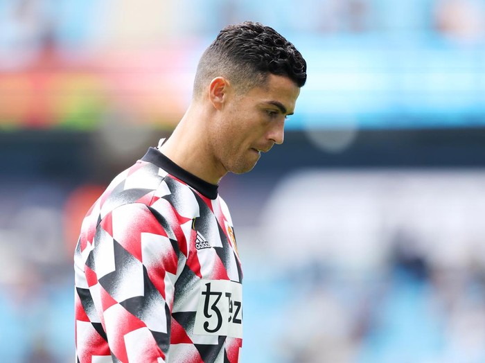 MANCHESTER, ENGLAND - OCTOBER 02: Cristiano Ronaldo of Manchester United  during the Premier League match between Manchester City and Manchester United at Etihad Stadium on October 2, 2022 in Manchester, United Kingdom. (Photo by Matthew Ashton - AMA/Getty Images)