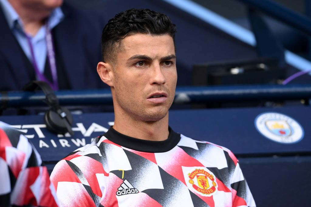 MANCHESTER, ENGLAND - OCTOBER 02: Cristiano Ronaldo of Manchester United looks on during the Premier League match between Manchester City and Manchester United at Etihad Stadium on October 02, 2022 in Manchester, England. (Photo by Laurence Griffiths/Getty Images)