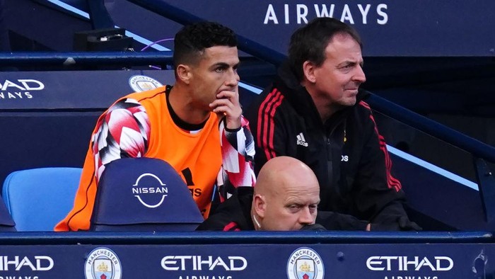 Manchester Uniteds Cristiano Ronaldo reacts on the bench during the Premier League match at the Etihad Stadium, Manchester. Picture date: Sunday October 2, 2022. (Photo by Martin Rickett/PA Images via Getty Images)