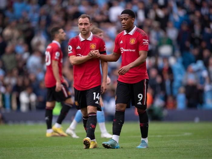 MANCHESTER, ENGLAND - OCTOBER 02: Christian Eriksen and Anthony Martial of Manchester United greet each other after the Premier League match between Manchester City and Manchester United at Etihad Stadium on October 2, 2022 in Manchester, United Kingdom. (Photo by Visionhaus/Getty Images)