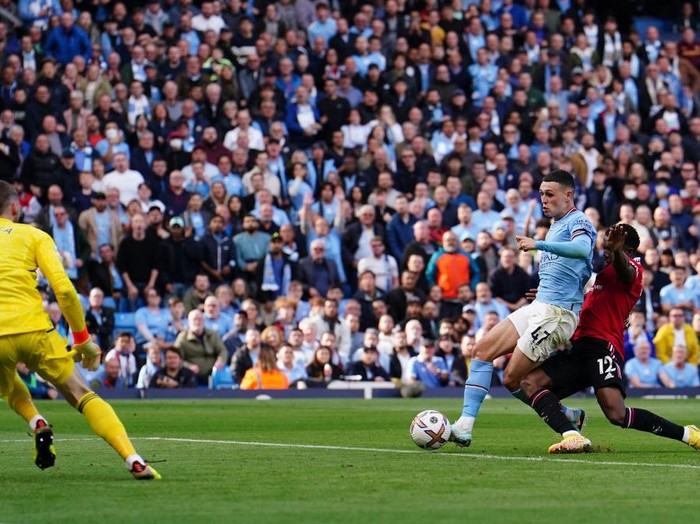 Manchester City's Phil Foden scores their side's fourth goal of the game during the Premier League match at the Etihad Stadium, Manchester. Picture date: Sunday October 2, 2022. (Photo by Martin Rickett/PA Images via Getty Images)