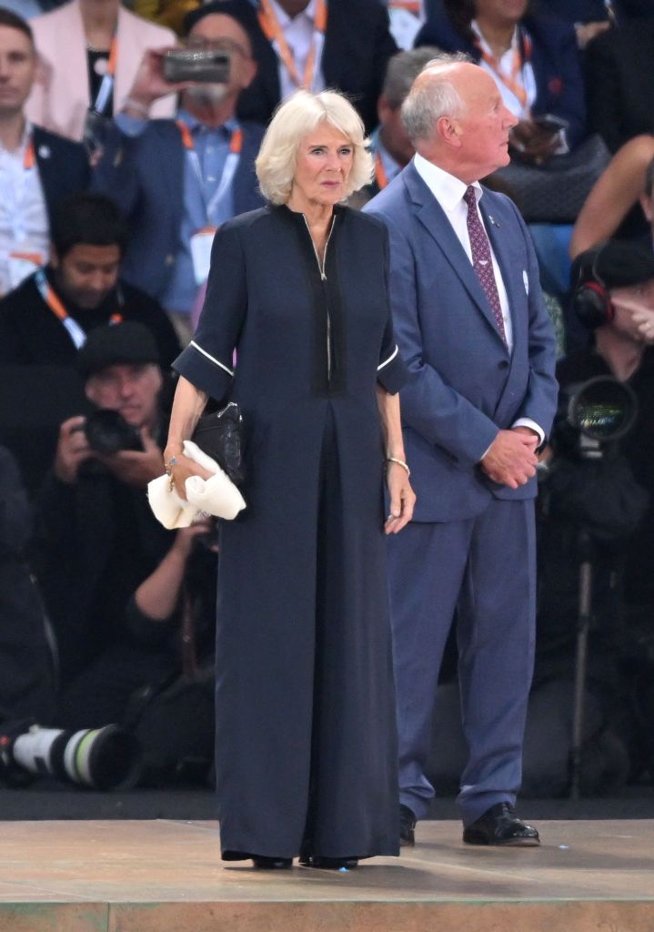 BIRMINGHAM, ENGLAND - JULY 28: Camilla, Duchess of Cornwall attends the 2022 Commonwealth Games opening ceremony at Alexander Stadium on July 28, 2022 in Birmingham, England. (Photo by Karwai Tang/WireImage)