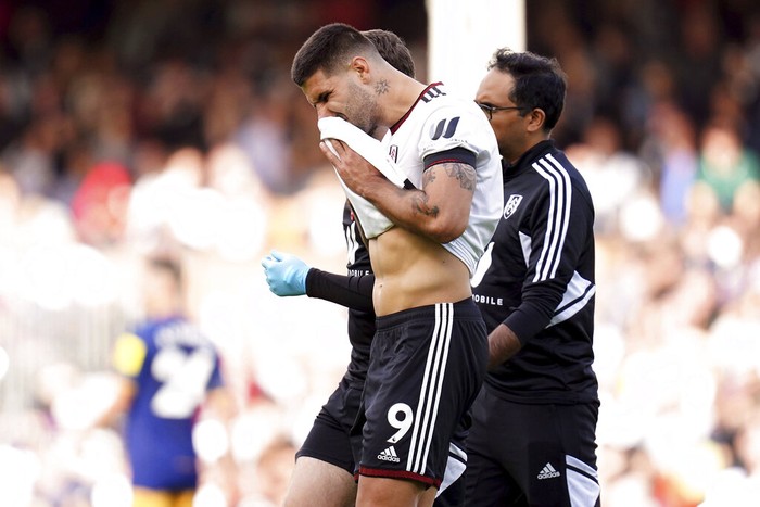 Fulham's Aleksandar Mitrovic goes off injured during the English Premier League soccer match between Fulham and Newcastle United at Craven Cottage, London, Saturday Oct. 1, 2022. (John Walton/PA via AP)