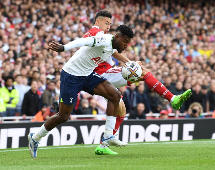 Emerson Royal LONDON, ENGLAND - OCTOBER 01: Gabriel Martinelli of Arsenal challenges Emerson Royal of Tottenham during the Premier League match between Arsenal FC and Tottenham Hotspur at Emirates Stadium on October 01, 2022 in London, England. (Photo by David Price/Arsenal FC via Getty Images)