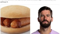 Sarapan itu penting untuk memulai hari. Alisson Becker pun sama pentingnya, apalagi tak jarang serangan Liverpool diawali dari dirinya. Foto: dok. Twitter @GreggsOfficial  