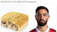 Bruno Fernandes diibaratkan menu festive bake, yang sensasional pada momen tertentu tapi kemudian menghilang dari peredaran. Foto: dok. Twitter @GreggsOfficial