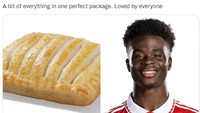 Bukayo Saka bagaikan makanan yang jadi favorit banyak orang. Foto: dok. Twitter @GreggsOfficial