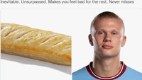 Erling Haaland disamakan dengan Sausage Roll, dengan narasi yang sarat pujian. Foto: dok. Twitter @GreggsOfficial